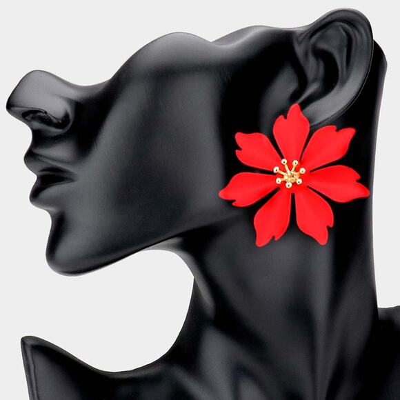Classy pierced 2 1/4" XL red and gold flower button style earrings - Picture 1 of 4